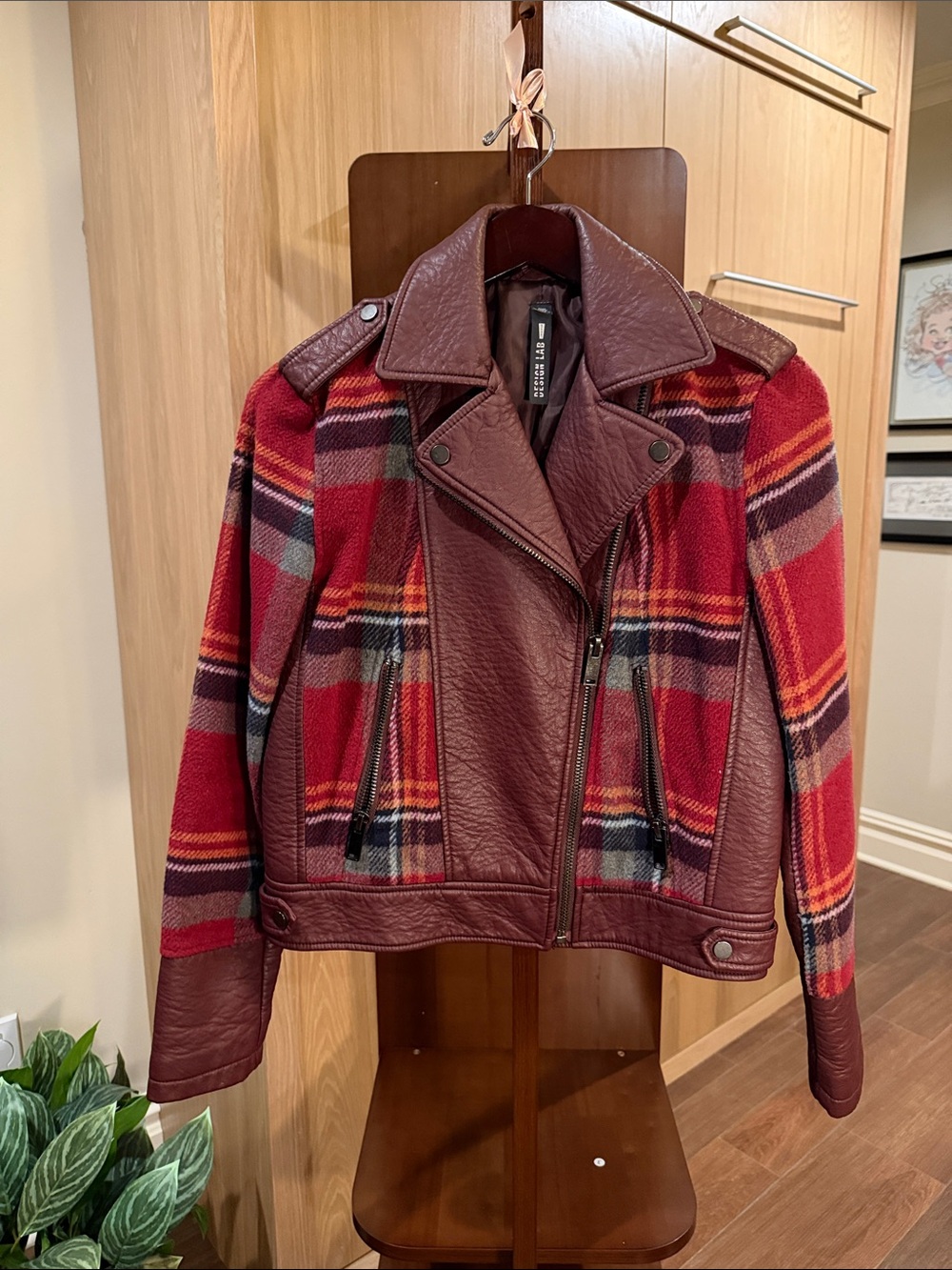 Design Lab Lord & Taylor Red Plaid Leather-Trim Moto Jacket